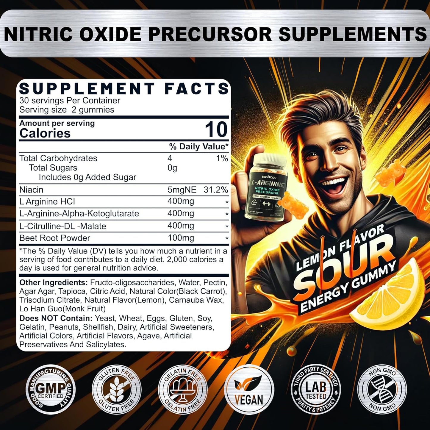 L Arginine Nitric Oxide Gummies 1300mg with L Citrulline & Beet Root for Performance, Muscle Growth | Vegan, 60 Count Sugar Free Supplement for Men & Women