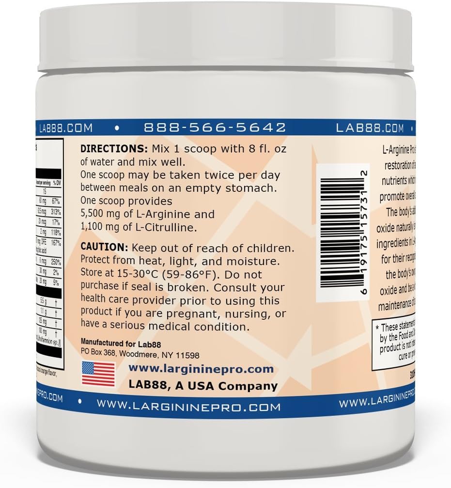 L-ARGININE PRO Powder Supplement | 5,500mg L-arginine, 1,100mg L-Citrulline | Orange Flavor | 150 Servings