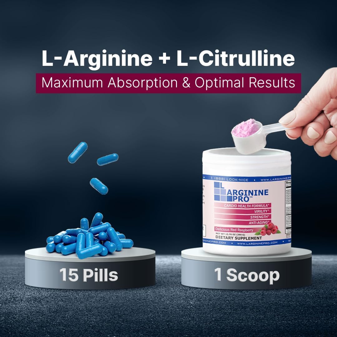 L-ARGININE PRO Raspberry Powder Supplement | 5,500mg L-arginine & 1,100mg L-Citrulline | 3 Jars