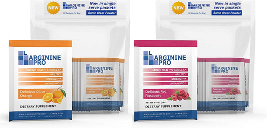 L-ARGININE PRO Single Serve Travel Packets - 5,500mg L-Arginine & 1,100mg L-Citrulline (Orange & Raspberry, 60 Packets)