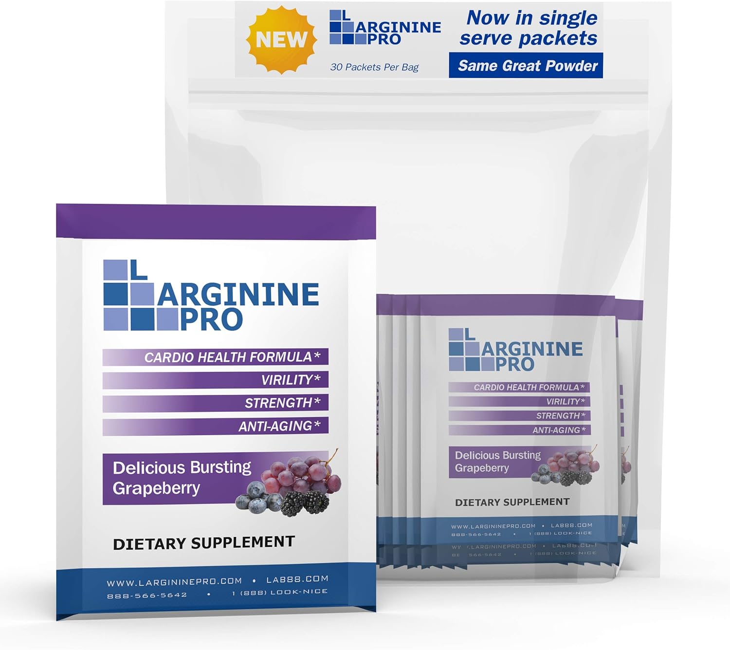 L-ARGININE PRO Travel Packets - 5,500mg L-arginine, 1,100mg L-Citrulline (Grape Berry, 30 Packets)