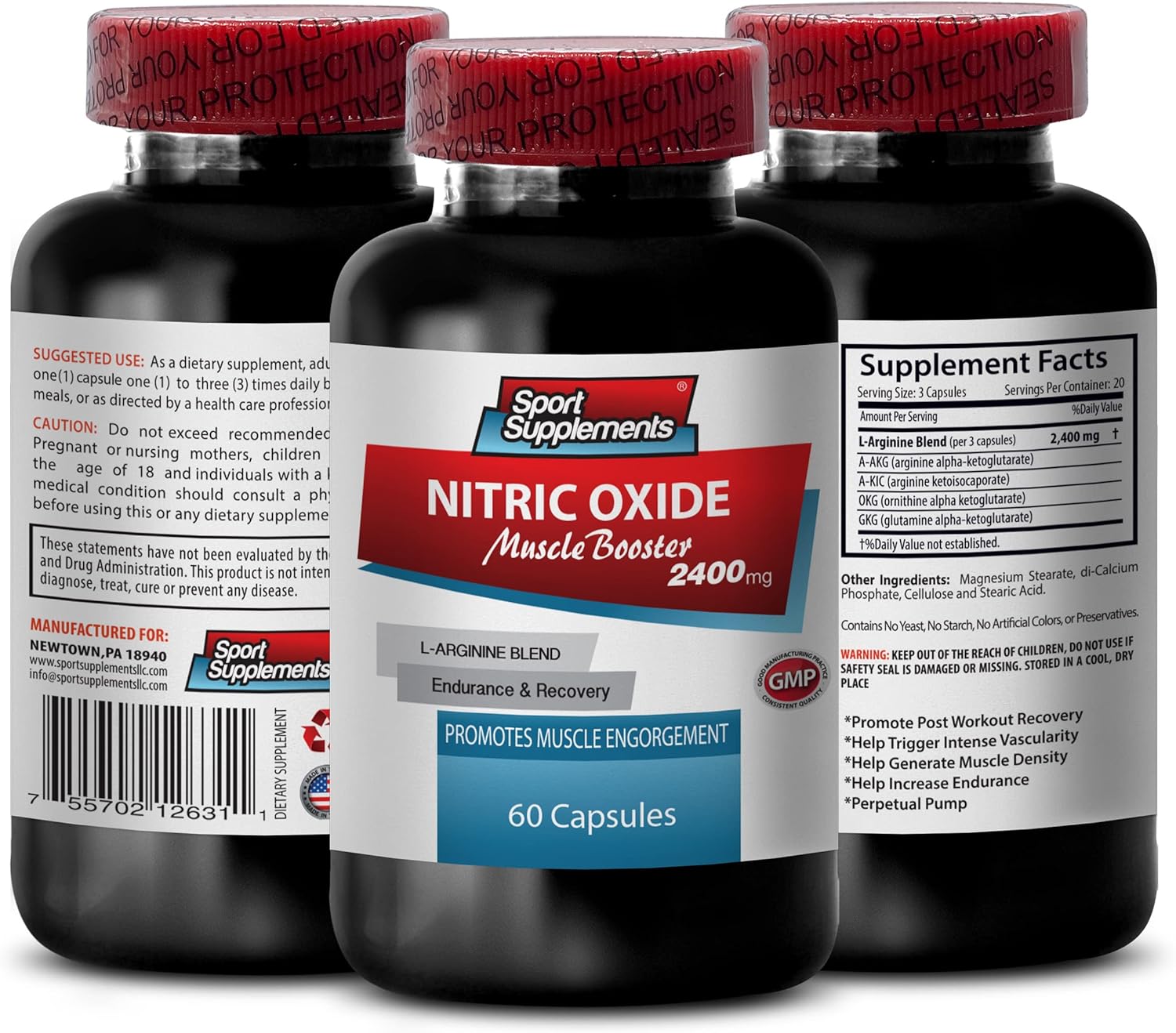 L-Arginine Sport Supplement 2400mg - Nitric Oxide Booster for Men and Women - Pre Workout Pills - 60 Capsules