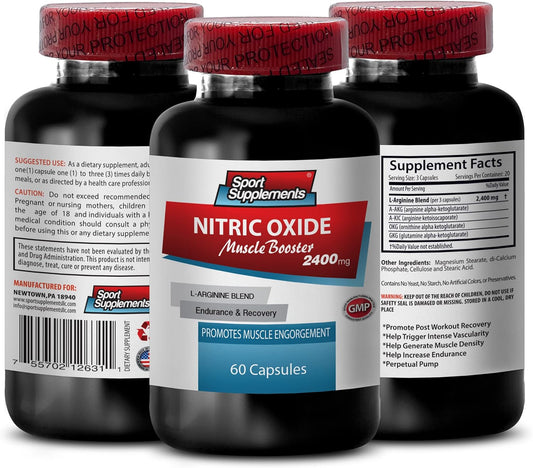 L-Arginine Sport Supplement 2400mg - Nitric Oxide Booster for Men and Women - Pre Workout Pills - 60 Capsules