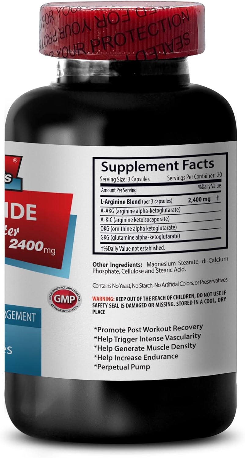 L-Arginine Sport Supplement 2400mg - Nitric Oxide Booster for Men and Women - Pre Workout Pills - 60 Capsules
