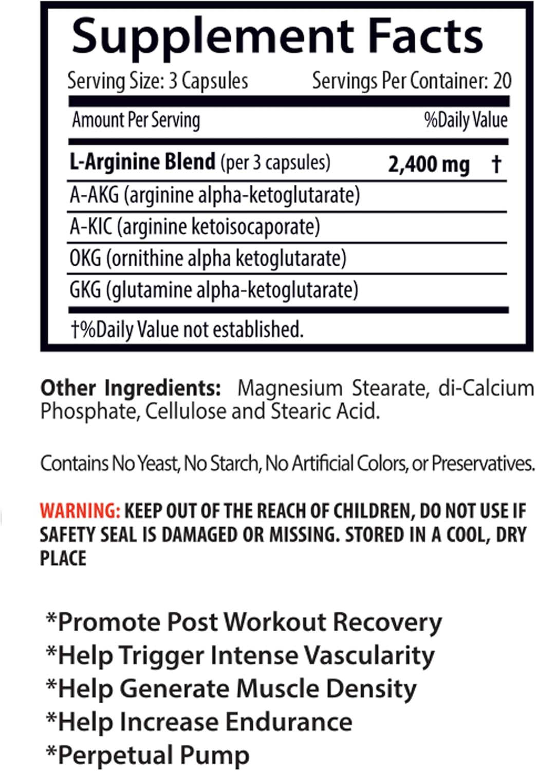 L-Arginine Sport Supplement 2400mg - Nitric Oxide Booster for Men and Women - Pre Workout Pills - 60 Capsules
