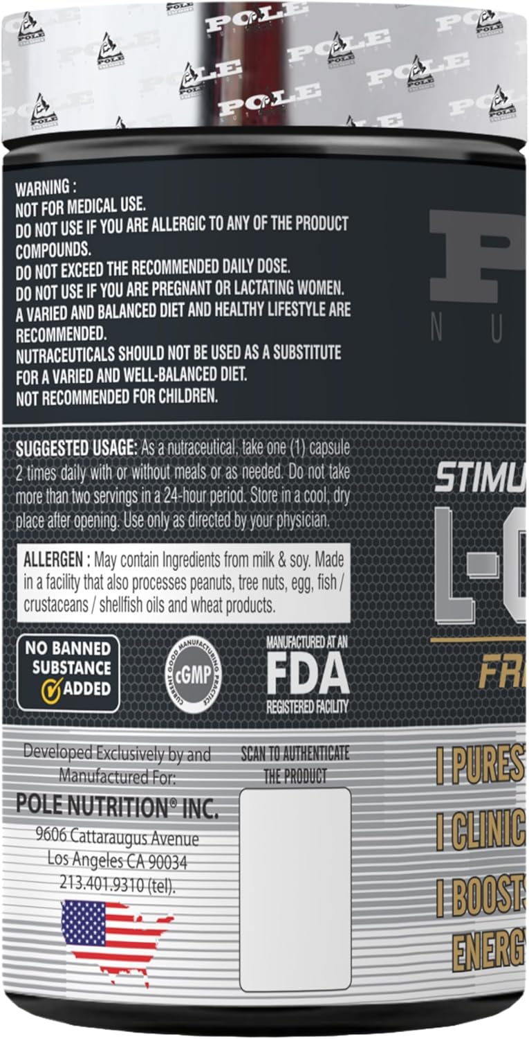 L-Carnitine Free Form Amino Acid Capsules - 500mg for Athletic Performance & Recovery - 60 Servings