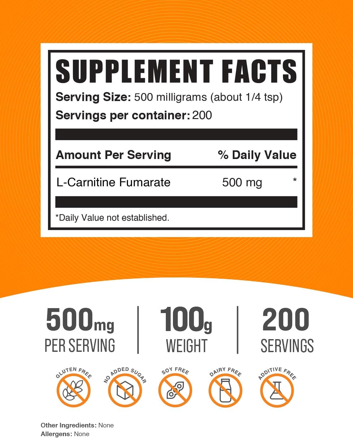 L-Carnitine Fumarate Powder - 500mg per Serving, Gluten-Free Carnitine Supplement - 100g (3.5 oz) Powder Pack