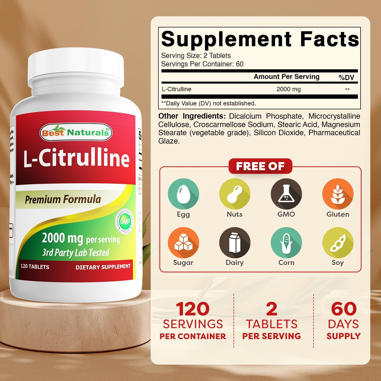 L-Citrulline 2000mg Tablets - Non-GMO & Gluten Free - 120 Count (Pack of 3) - Top Quality Supplement