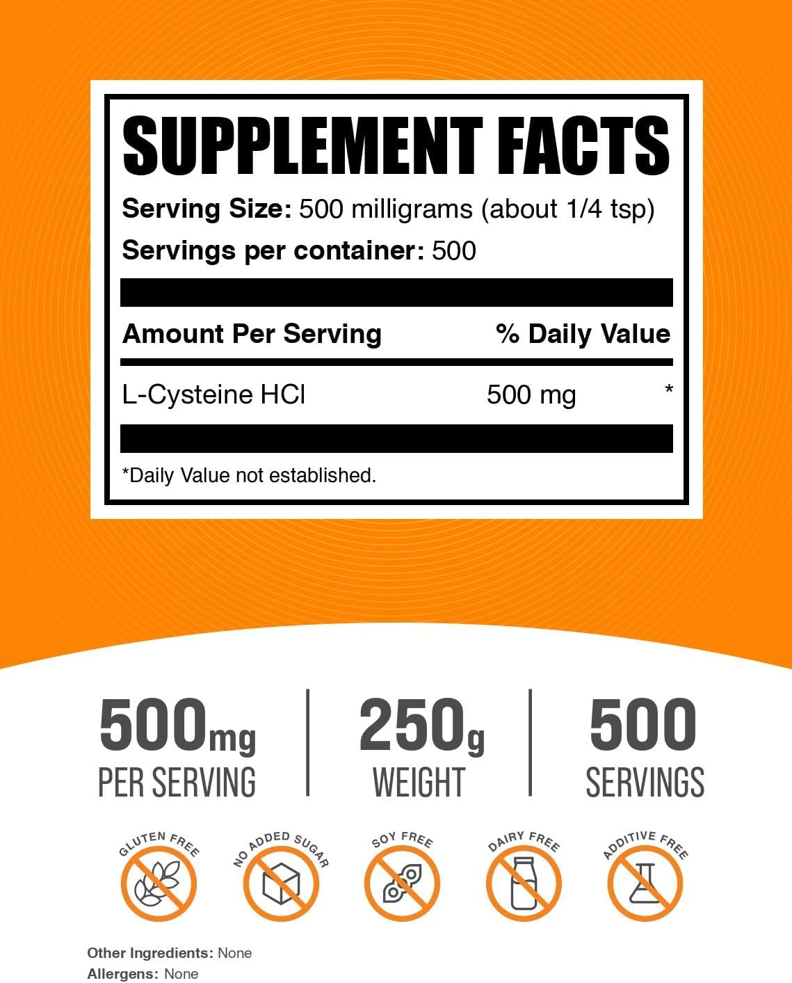 L-Cysteine HCl Powder 500mg - Amino Acid Supplement, Gluten-Free, 250g (8.8 oz) - BulkSupplements