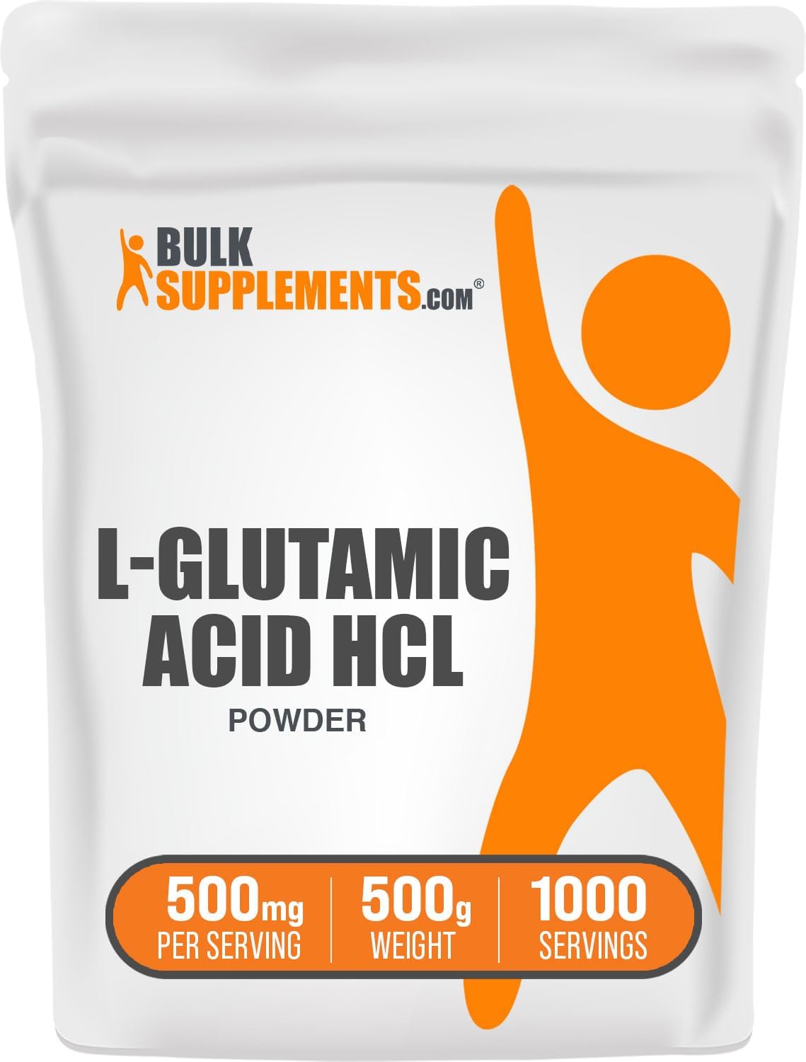 L-Glutamic Acid HCl Powder - Amino Acid & Glutamate Supplement for Gut Health - 500mg per Serving, 500g - Gluten-Free