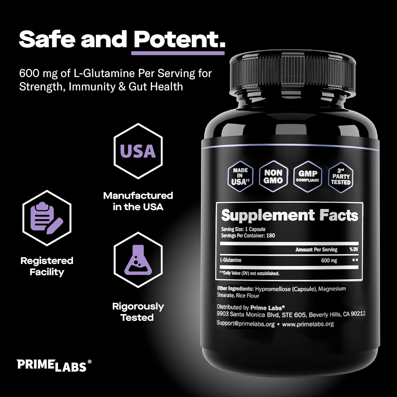 L-Glutamine Capsules 600mg - Promotes Strength, Muscle Recovery, Immune Support, Gut Health - Amino Acid Supplement for Men and Women - 180 Count