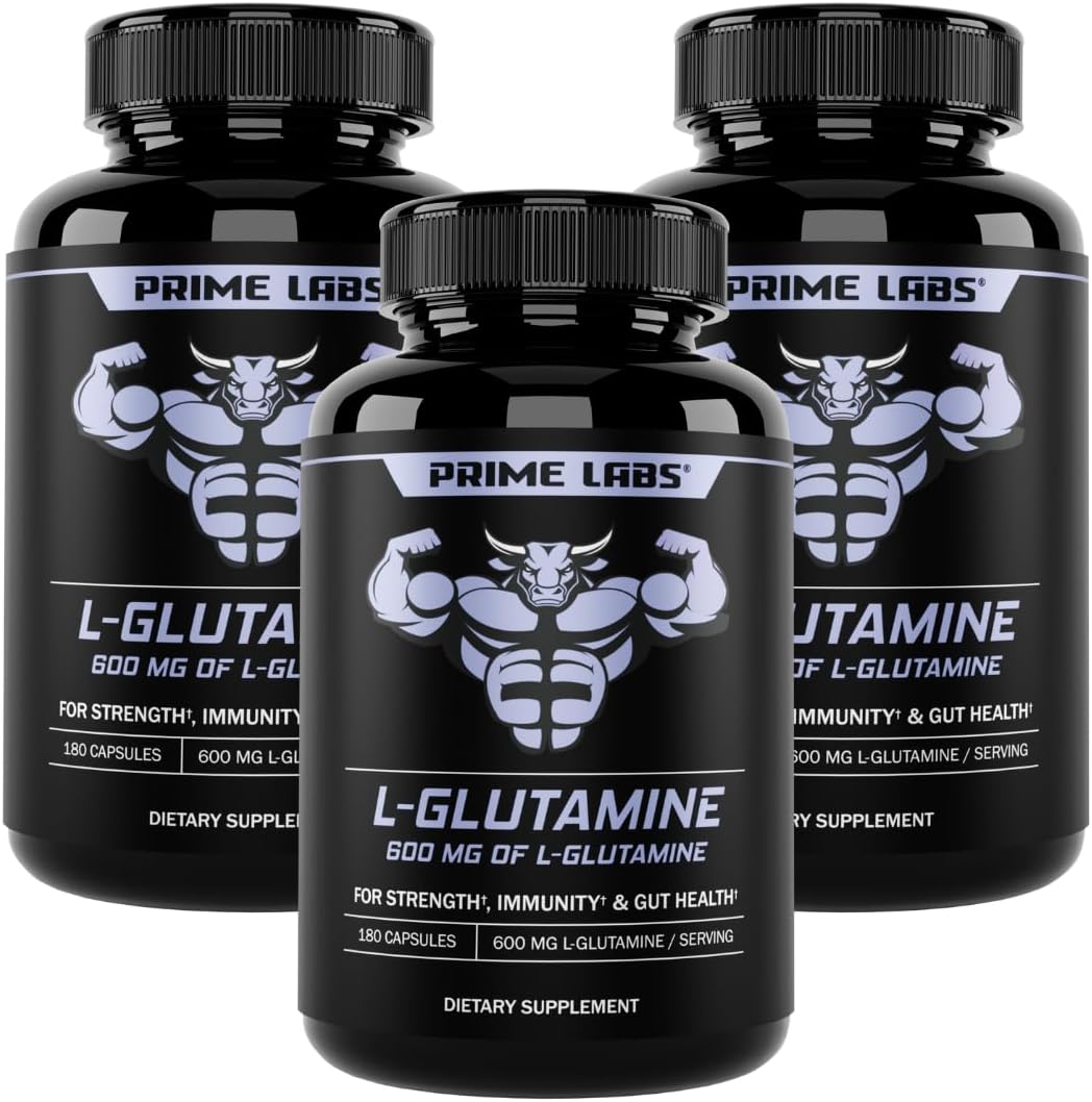 L-Glutamine Capsules 600mg (3-Pack) for Strength, Muscle Recovery, Immunity, & Gut Health - Amino Acid Supplement for Men & Women - Non-GMO - by Prime Labs