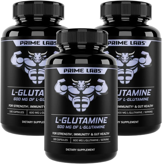 L-Glutamine Capsules 600mg (3-Pack) for Strength, Muscle Recovery, Immunity, & Gut Health - Amino Acid Supplement for Men & Women - Non-GMO - by Prime Labs