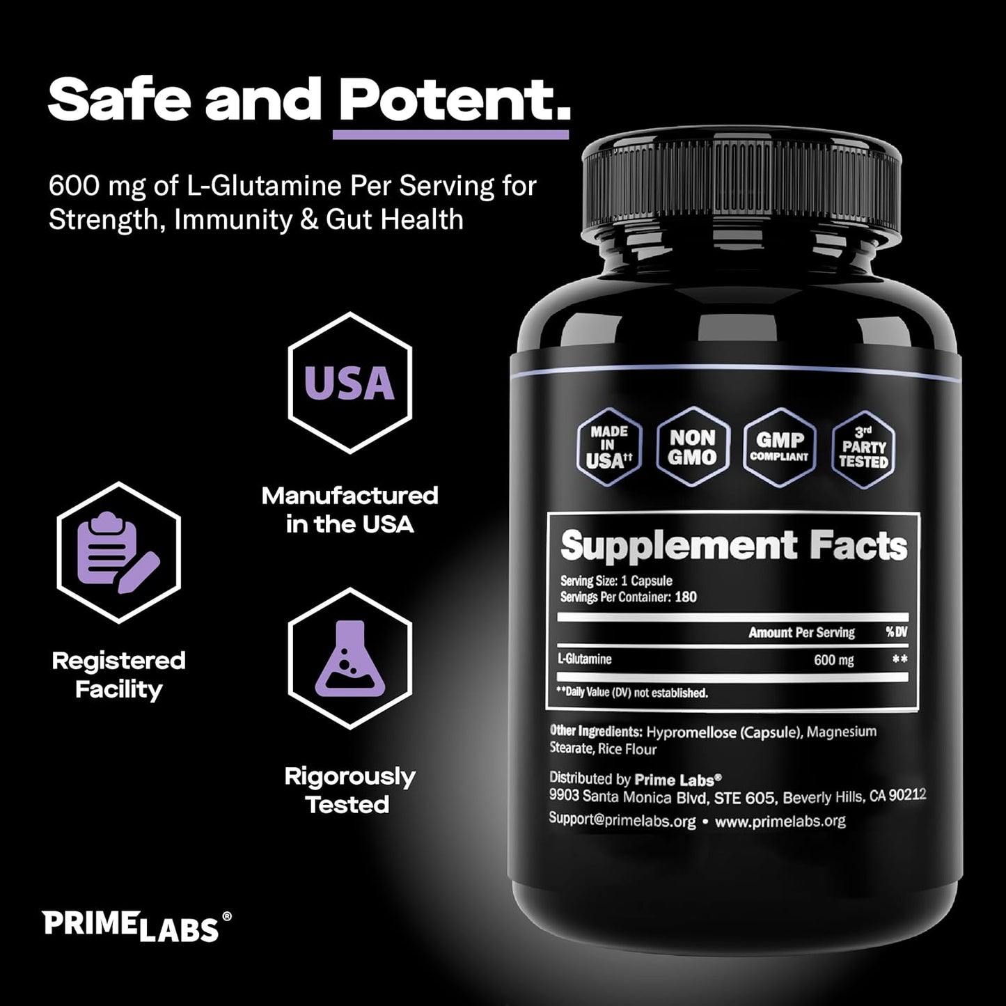 L-Glutamine Capsules 600mg (3-Pack) for Strength, Muscle Recovery, Immunity, & Gut Health - Amino Acid Supplement for Men & Women - Non-GMO - by Prime Labs