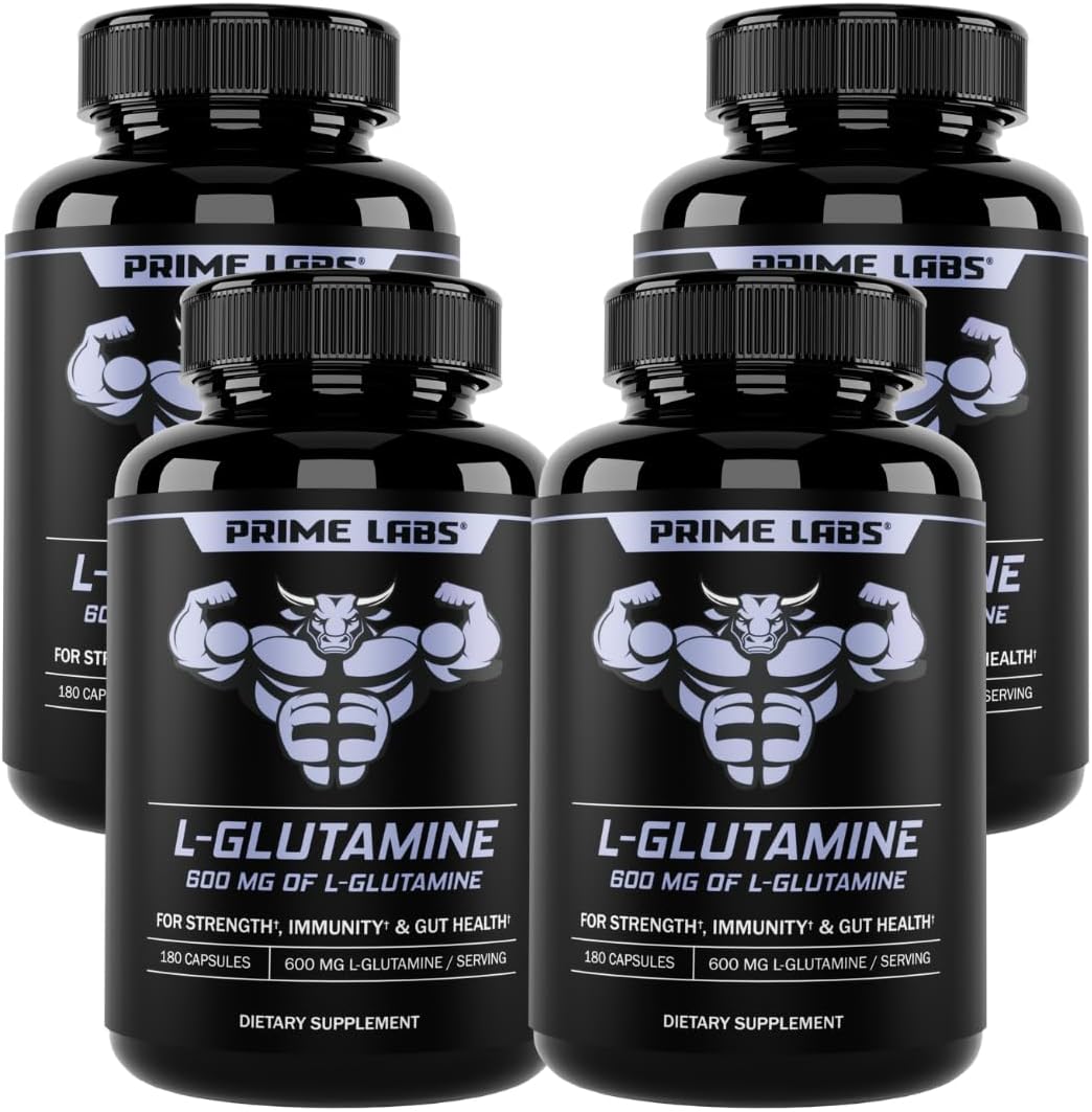 L-Glutamine Capsules 600mg (4-Pack) - Supports Strength, Muscle Recovery, Immunity, Gut Health - Amino Acid Supplement for Men & Women - Non-GMO by Prime Labs