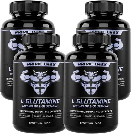 L-Glutamine Capsules 600mg (4-Pack) - Supports Strength, Muscle Recovery, Immunity, Gut Health - Amino Acid Supplement for Men & Women - Non-GMO by Prime Labs
