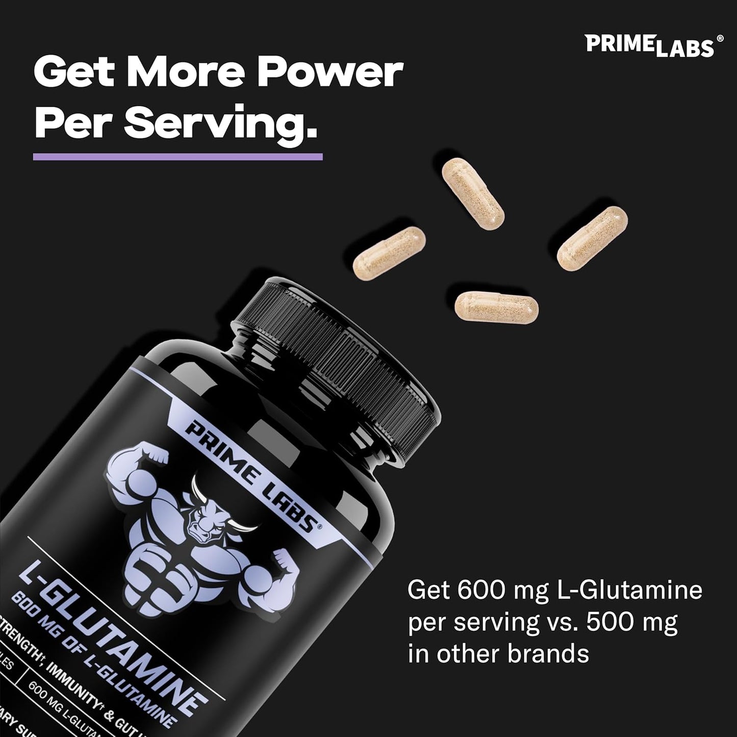 L-Glutamine Capsules 600mg (4-Pack) - Supports Strength, Muscle Recovery, Immunity, Gut Health - Amino Acid Supplement for Men & Women - Non-GMO by Prime Labs