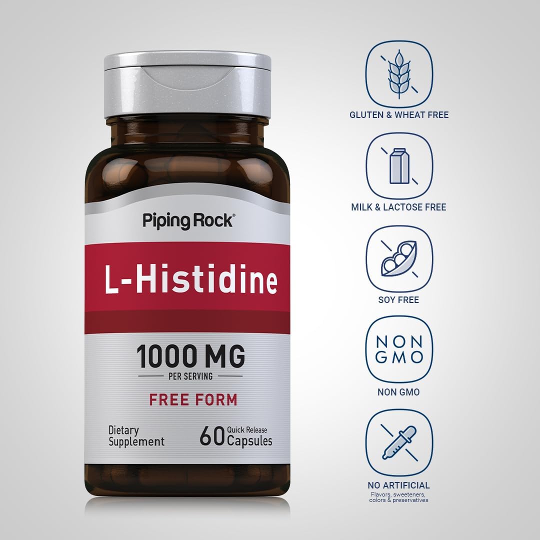 L-Histidine 1000mg Capsules - Free Form Supplement, Non-GMO & Gluten Free - 60 Count