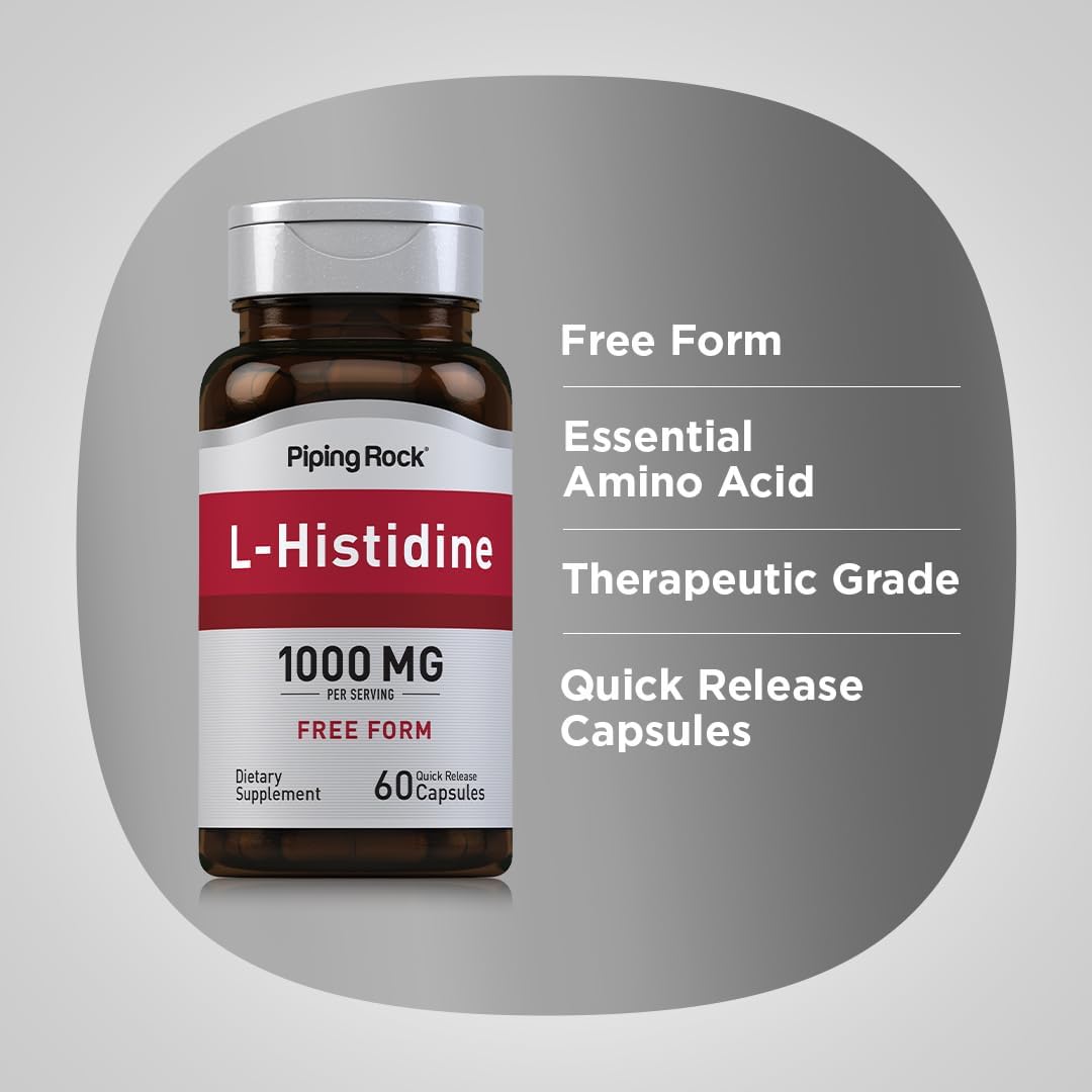 L-Histidine 1000mg Capsules - Free Form Supplement, Non-GMO & Gluten Free - 60 Count