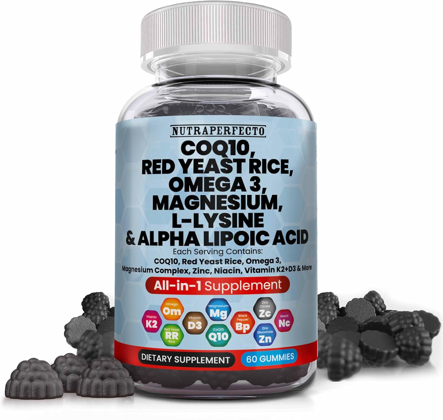 L-Lysine Coq10 Alpha Lipoic Acid Gummies with Red Yeast Rice and Magnesium - Amino Acid Supplements for Adults and Kids - Contains Omega 3 Niacin Zinc Vitamin K2 D3 B3 - 60 Gummy Bears for Women and Men