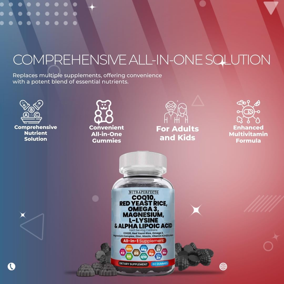 L-Lysine Coq10 Alpha Lipoic Acid Gummies with Red Yeast Rice and Magnesium - Amino Acid Supplements for Adults and Kids - Contains Omega 3 Niacin Zinc Vitamin K2 D3 B3 - 60 Gummy Bears for Women and Men