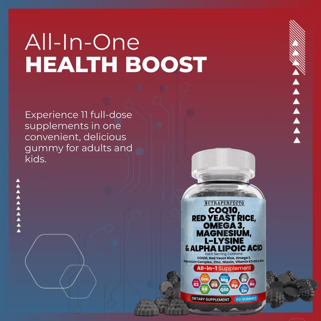 L-Lysine Coq10 Alpha Lipoic Acid Gummies with Red Yeast Rice and Magnesium - Amino Acid Supplements for Adults and Kids - Contains Omega 3 Niacin Zinc Vitamin K2 D3 B3 - 60 Gummy Bears for Women and Men