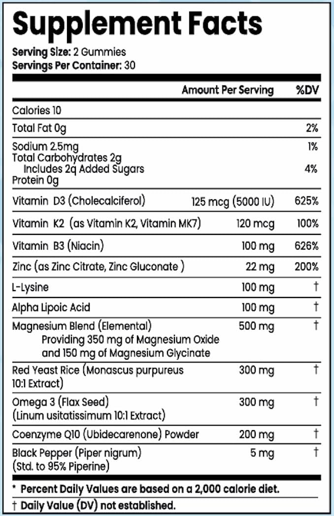 L-Lysine Coq10 Alpha Lipoic Acid Gummies with Red Yeast Rice and Magnesium - Amino Acid Supplements for Adults and Kids - Contains Omega 3 Niacin Zinc Vitamin K2 D3 B3 - 60 Gummy Bears for Women and Men