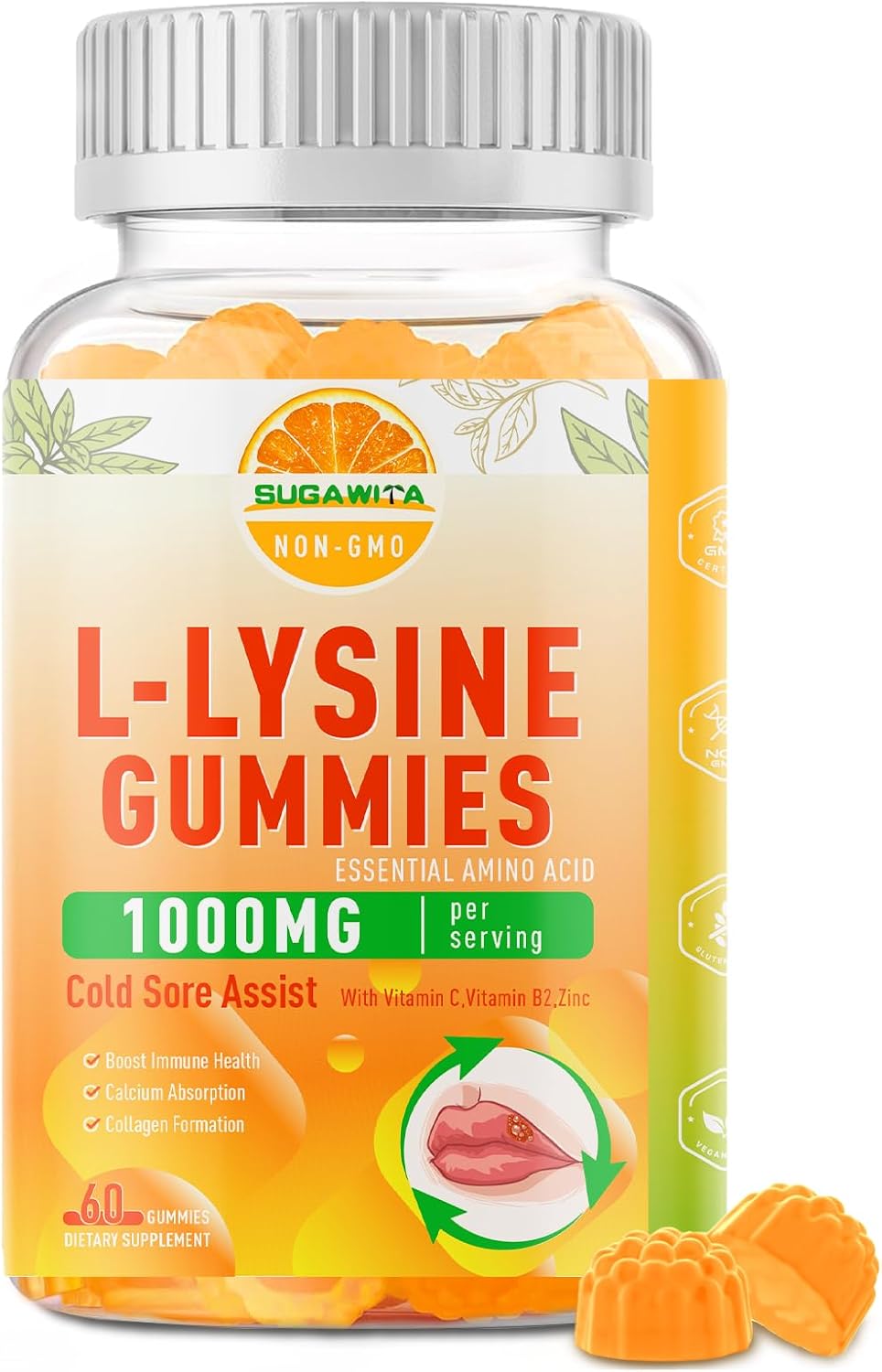 L-Lysine Gummies 1000mg for Cold Sore Support, Immune Boost & Collagen, Vegan & Gluten-Free - 60 Count