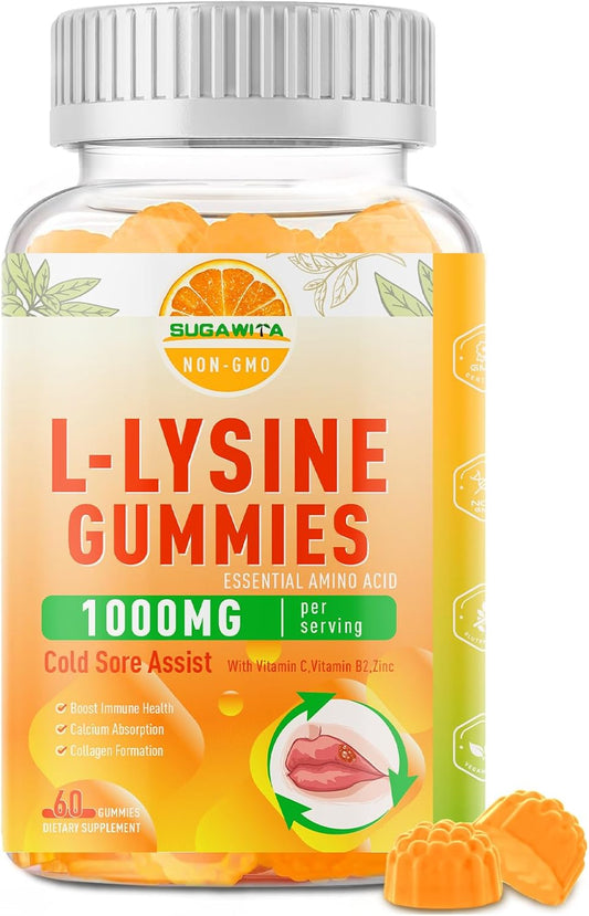L-Lysine Gummies 1000mg for Cold Sore Support, Immune Boost & Collagen, Vegan & Gluten-Free - 60 Count