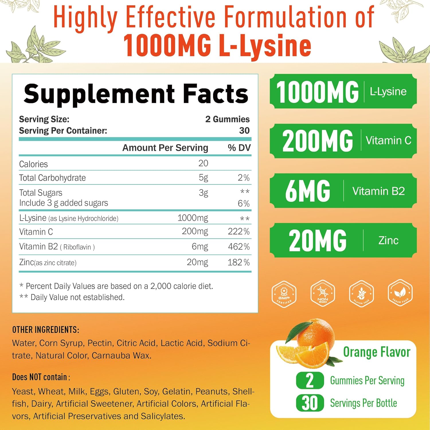 L-Lysine Gummies 1000mg for Cold Sore Support, Immune Boost & Collagen, Vegan & Gluten-Free - 60 Count