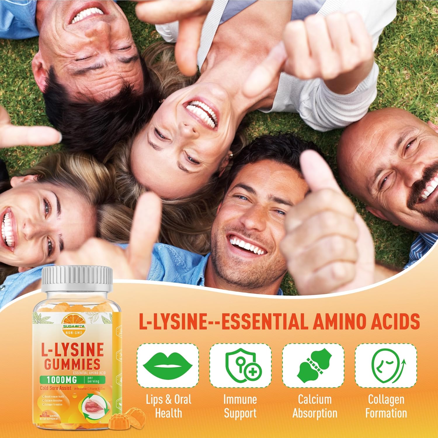 L-Lysine Gummies 1000mg for Cold Sore Support, Immune Boost & Collagen, Vegan & Gluten-Free - 60 Count