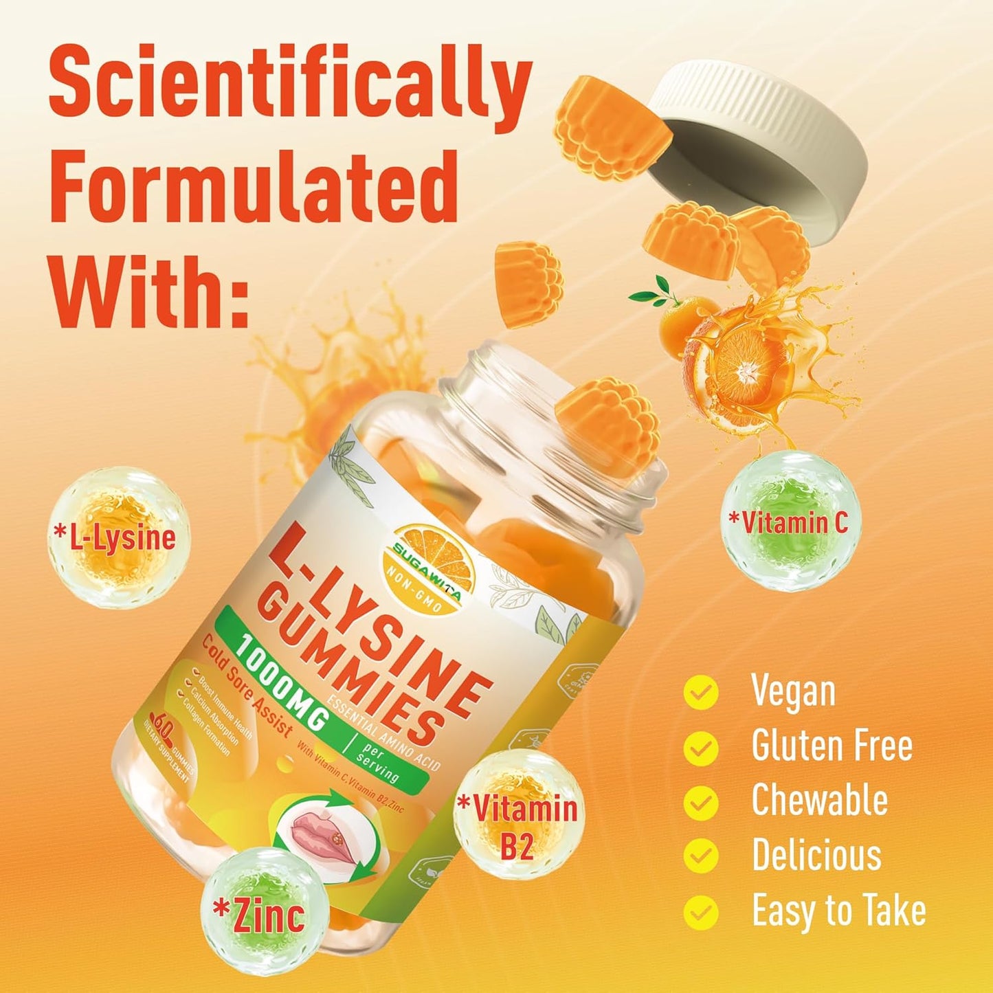 L-Lysine Gummies 1000mg for Cold Sore Support, Immune Boost & Collagen, Vegan & Gluten-Free - 60 Count