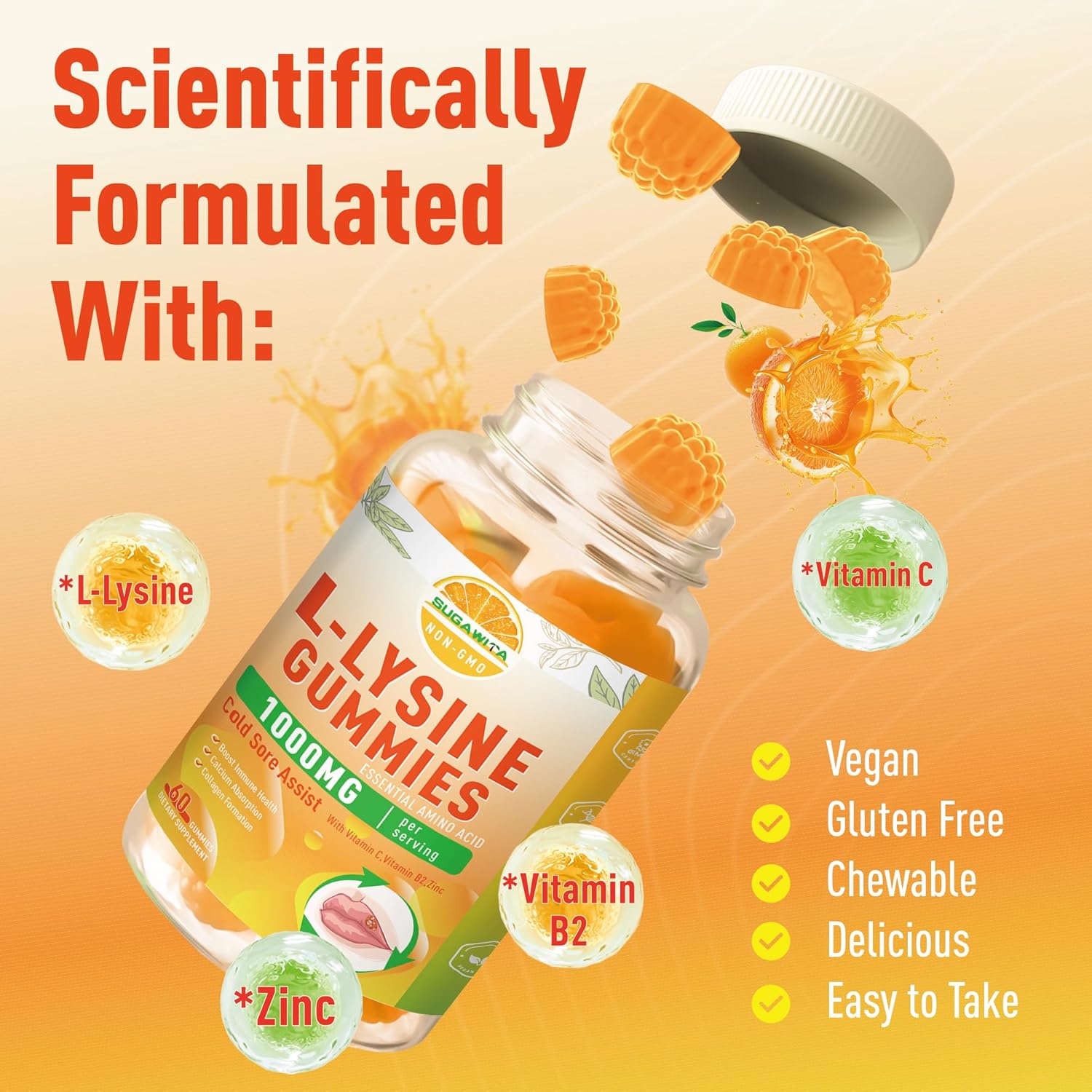 L-Lysine Gummies 1000mg for Cold Sore Support, Immune Boost & Collagen, Vegan & Gluten-Free - 60 Count