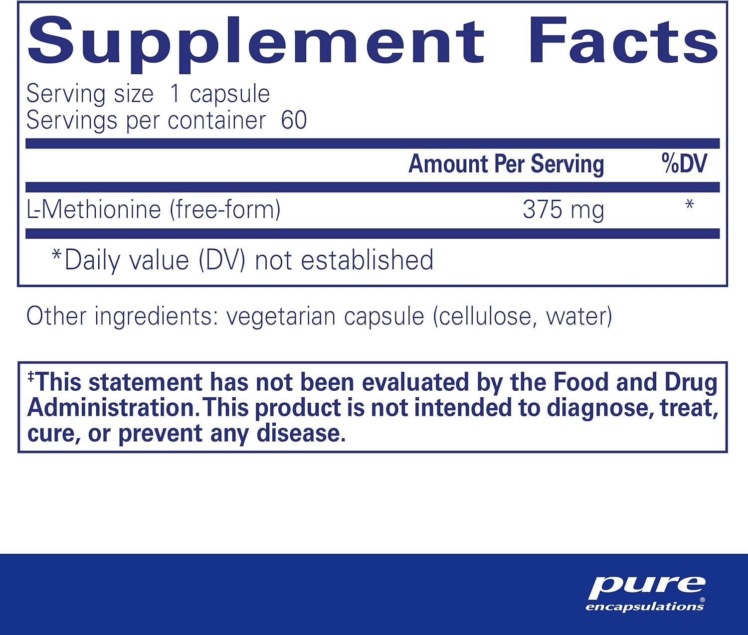L-Methionine Capsules for Joint, Liver, and Pancreas Support - Amino Acid Supplement with Antioxidants for Nervous System - 60 ct.