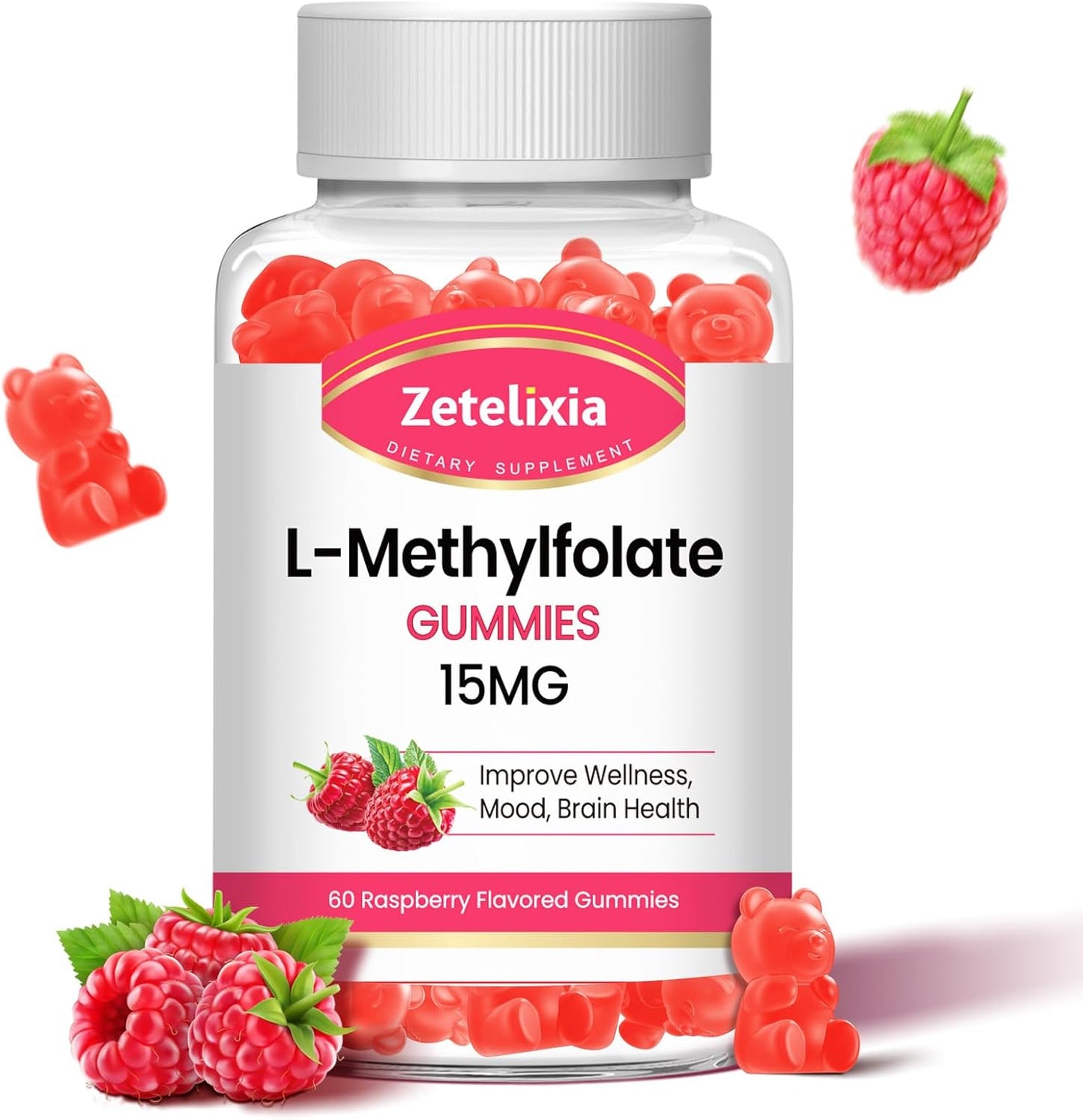 L-Methylfolate 15mg Gummies with Methylated B12, Supports MTHFR Mutation, Methylation, Mood & Cognition - Vegan, Non-GMO - 60 Ct