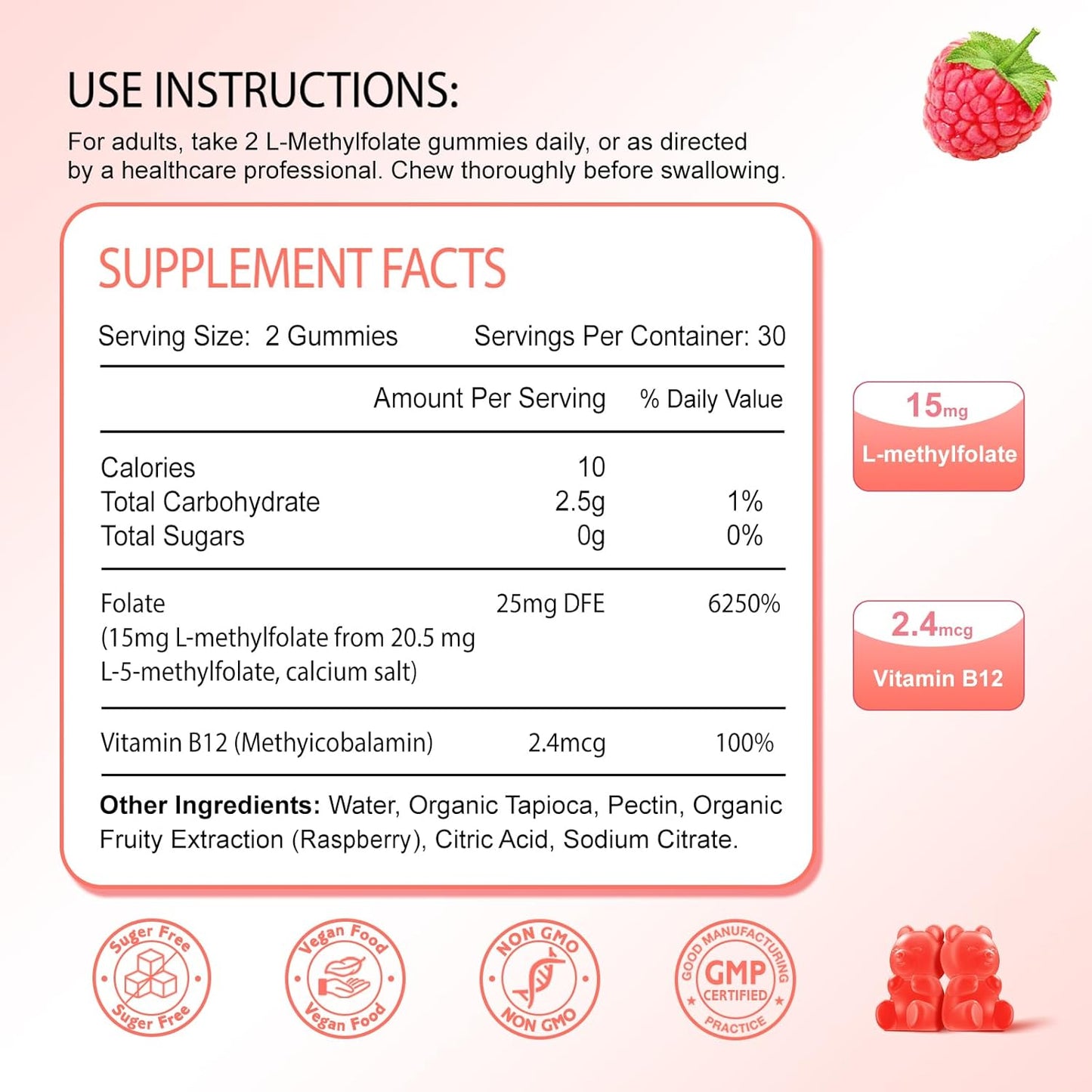 L-Methylfolate 15mg Gummies with Methylated B12, Supports MTHFR Mutation, Methylation, Mood & Cognition - Vegan, Non-GMO - 60 Ct