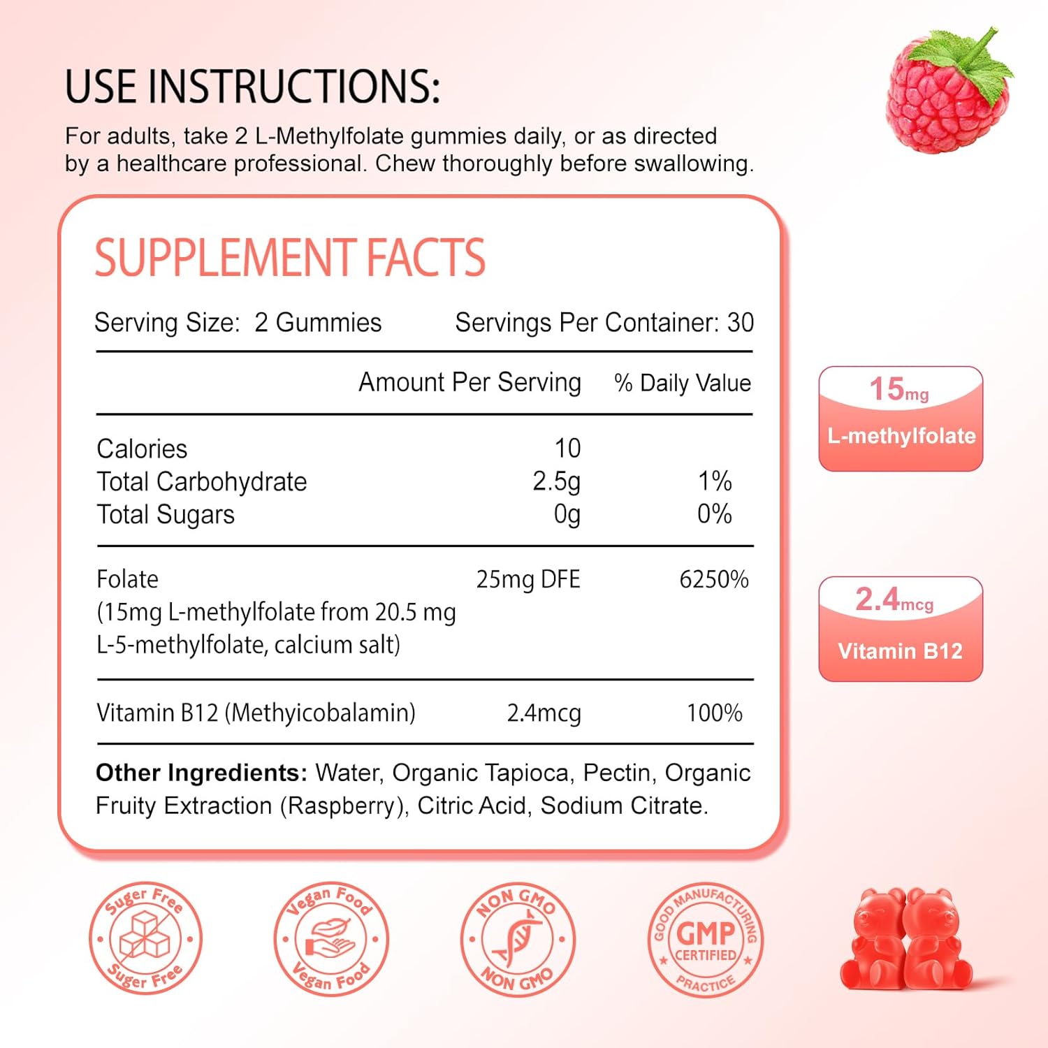 L-Methylfolate 15mg Gummies with Methylated B12, Supports MTHFR Mutation, Methylation, Mood & Cognition - Vegan, Non-GMO - 60 Ct