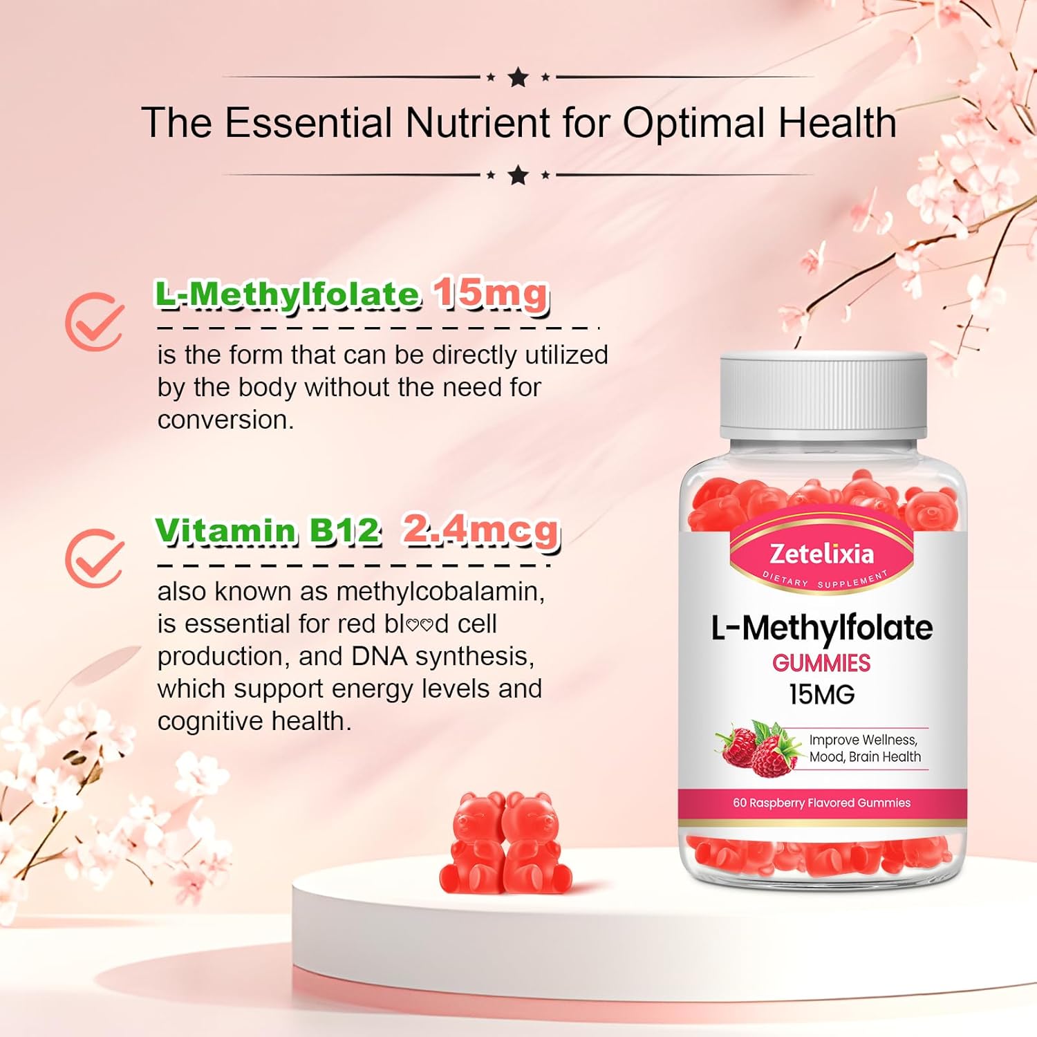 L-Methylfolate 15mg Gummies with Methylated B12, Supports MTHFR Mutation, Methylation, Mood & Cognition - Vegan, Non-GMO - 60 Ct