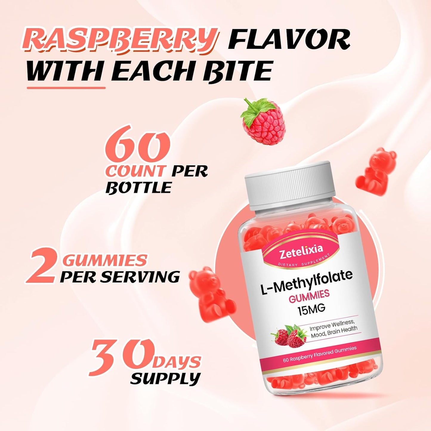 L-Methylfolate 15mg Gummies with Methylated B12, Supports MTHFR Mutation, Methylation, Mood & Cognition - Vegan, Non-GMO - 60 Ct