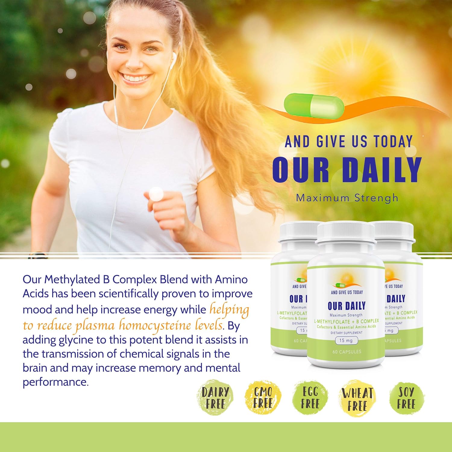L-Methylfolate B Complex Cofactors with Essential Amino Acids - Active Folate, B12, B6, Glycine - 60 Count