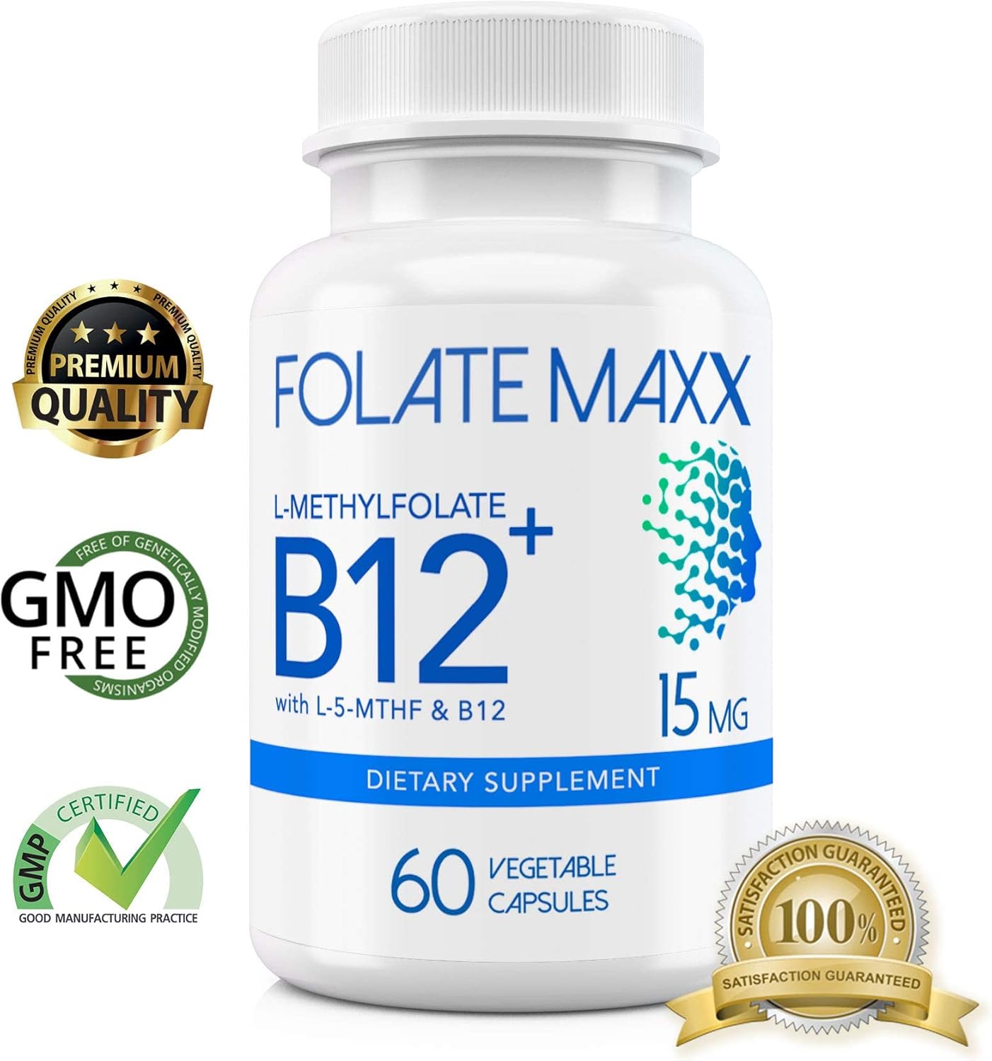 L-Methylfolate & B12 Methylcobalamin 15mg Capsules - Folate & B12 Supplement - Active Folic Acid for Men & Women - Non GMO, Gluten Free