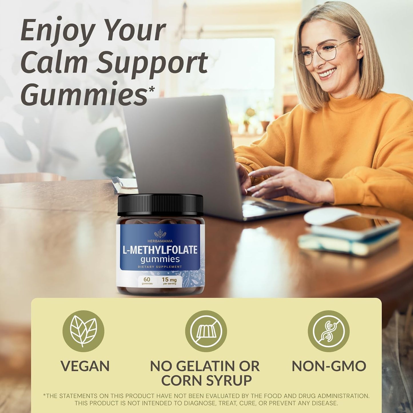 L-Methylfolate Gummies - 15mg 5-MTHF Vegan Supplement for Brain Support - 60 Blueberry-Flavored Chews