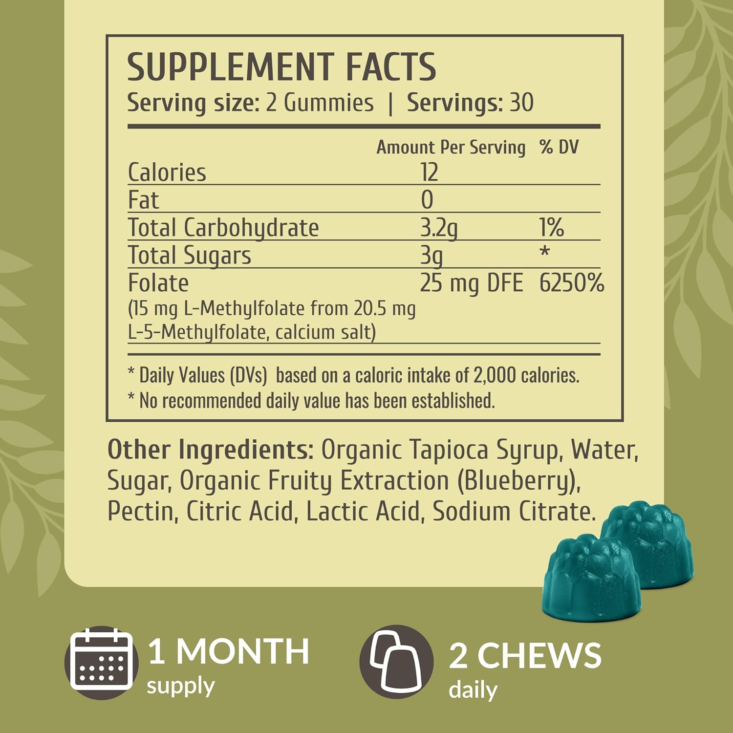 L-Methylfolate Gummies - 15mg 5-MTHF Vegan Supplement for Brain Support - 60 Blueberry-Flavored Chews