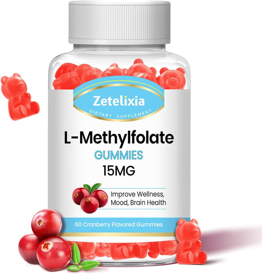 L-Methylfolate Gummies 15mg with Methylated B12 - Supports MTHFR Mutation, Methylation, Mood & Cognition - Vegan Cranberry Flavor - 60 Count