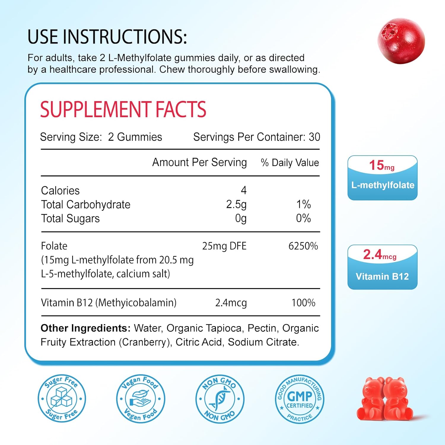 L-Methylfolate Gummies 15mg with Methylated B12 - Supports MTHFR Mutation, Methylation, Mood & Cognition - Vegan Cranberry Flavor - 60 Count