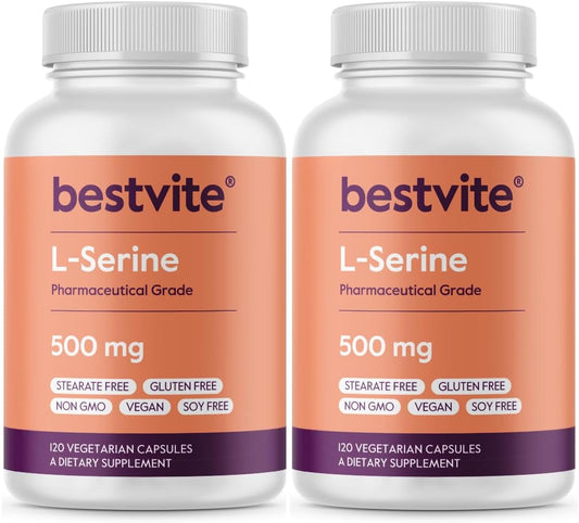 L-Serine 500mg (240 Vegetarian Capsules) - Vegan and Non-GMO Formula with No Stearates - Gluten Free