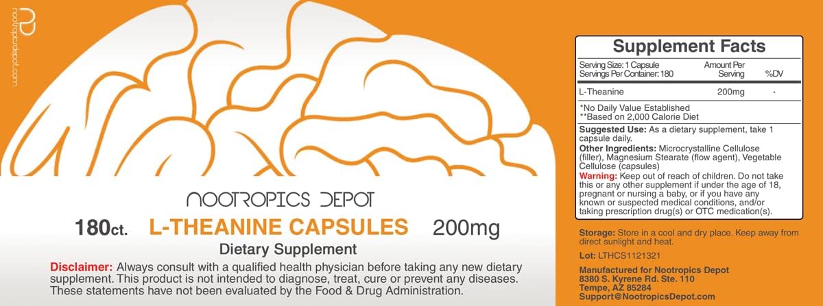 L-Theanine Capsules 200mg (180 Count) - Supports Relaxation, Stress Levels, Sleep Cycles, Cognitive Function, Focus - Amino Acid Supplement