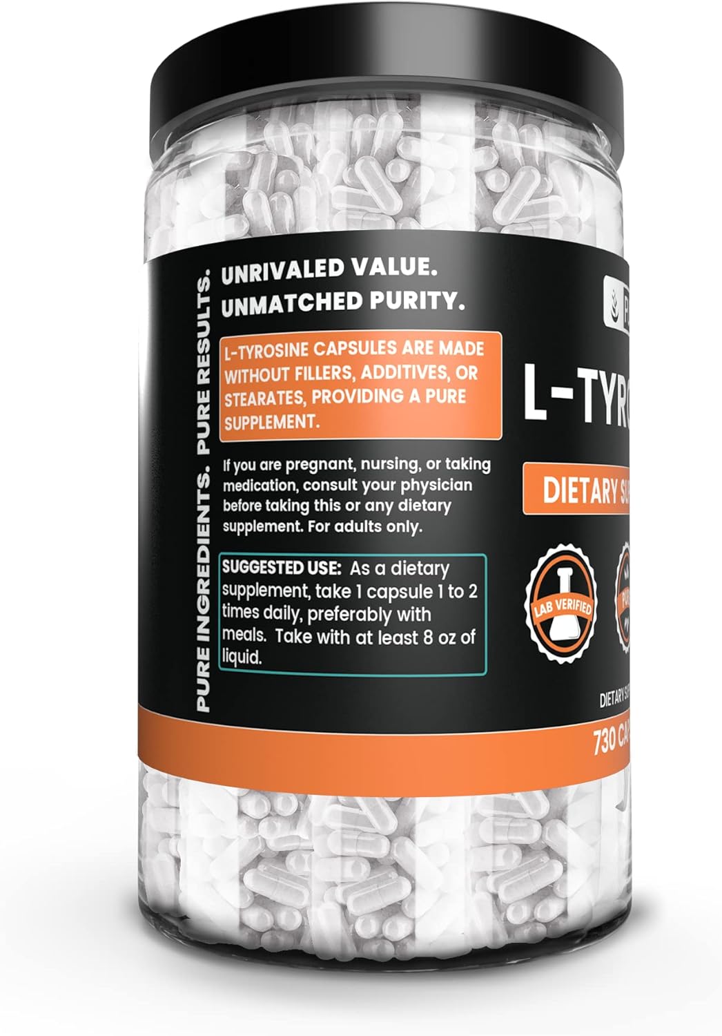 L-Tyrosine (730 Capsules) Pure Ingredients, No Fillers, Lab Verified