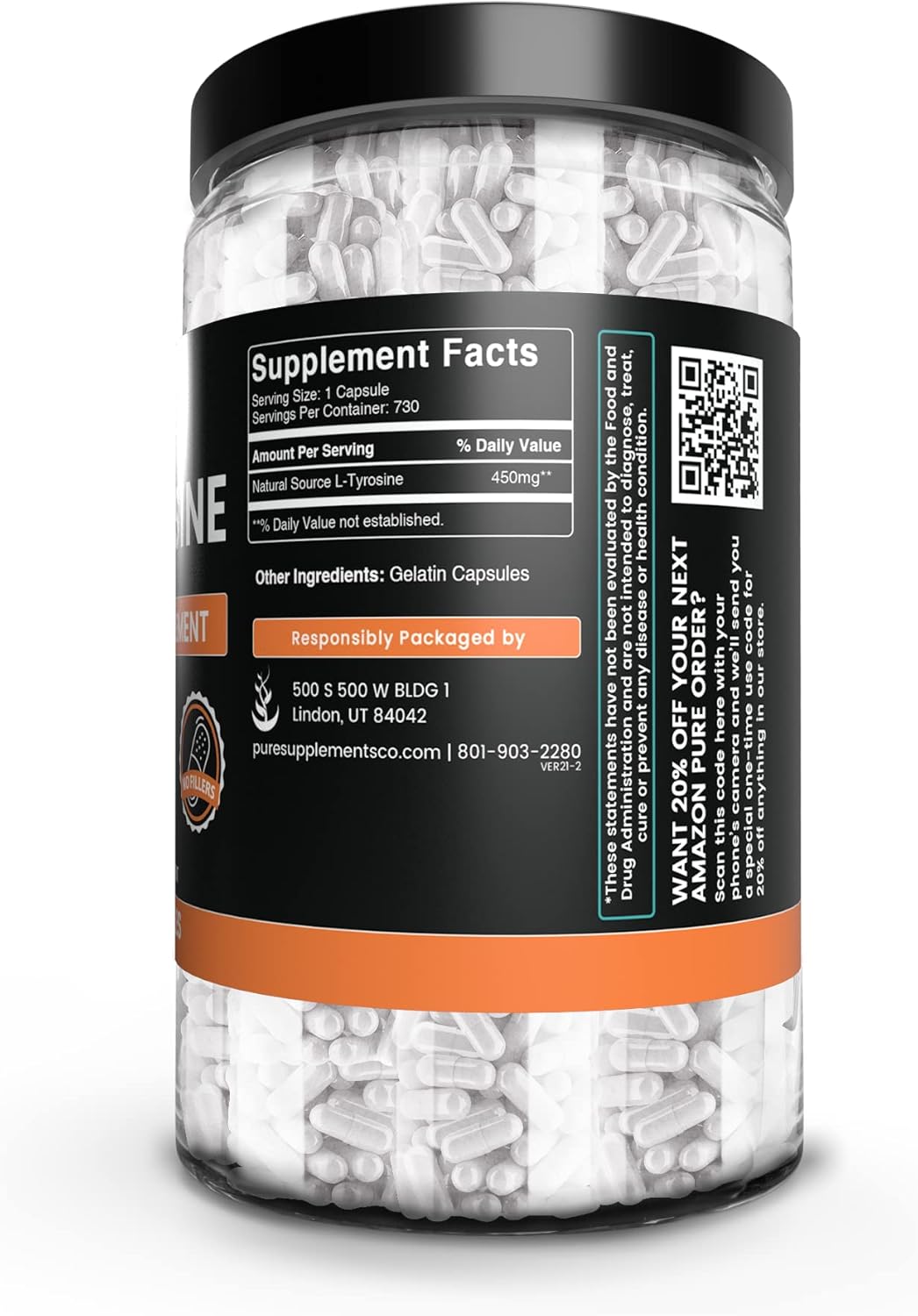 L-Tyrosine (730 Capsules) Pure Ingredients, No Fillers, Lab Verified