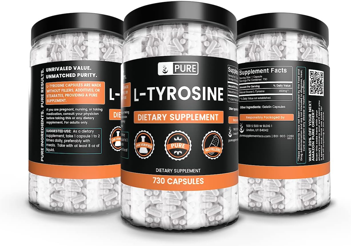 L-Tyrosine (730 Capsules) Pure Ingredients, No Fillers, Lab Verified